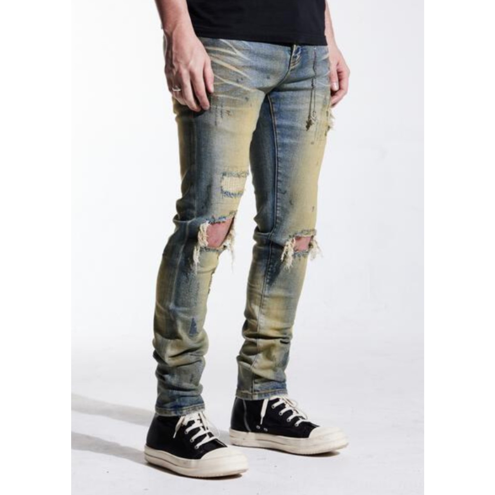 En Noir Men's Clash Sand Wash Rip & Repair Distressed Skinny Fit Denim Jeans